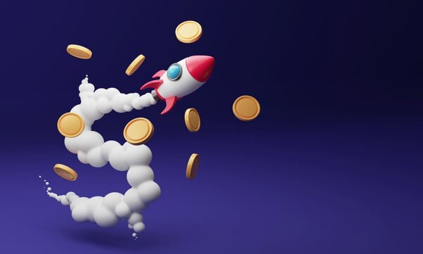 Rocket takes off with dollar-shaped smoke and coin, implying save money fast on a low income.