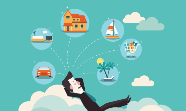 Relaxed and successful businessman relaxing on clouds and thinking about savings goal.