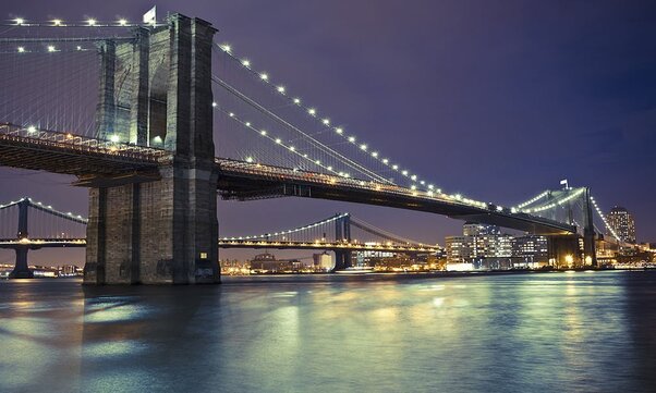 Brooklyn and Manhattan Bridges at night.
