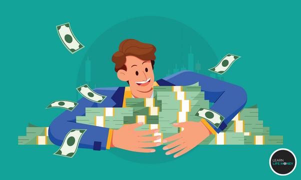 A businessman hugging a pile of dollars he got from investing.