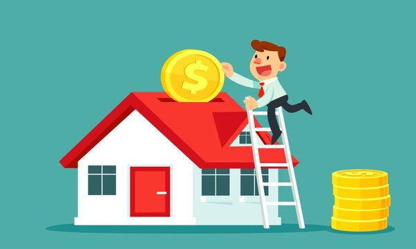 A businessman on a ladder puts a gold coin into a house showing how to save money for a house while renting.