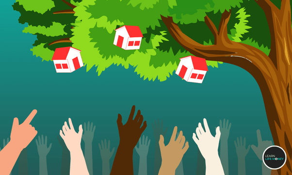 Multiple hands reaching houses on trees