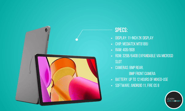 A photo of Amazon Fire Max 11, with its specs as the best 10-inch budget.