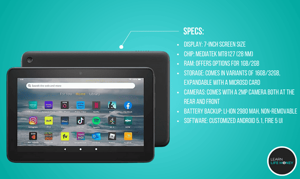 A photo of Amazon Fire 7 Tablet (2022), with its specs as the best 10-inch budget.